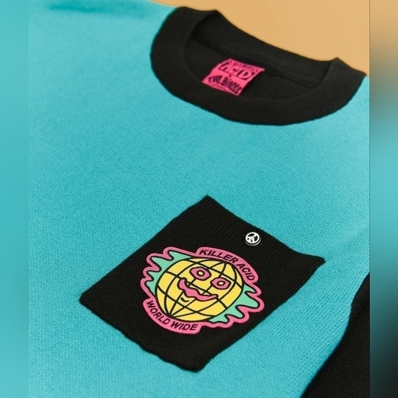 NWOT KILLER ACID X THE BINDLE CONSPIRACY World Wide Mens Teal & Black Sweater - Picture 4 of 12